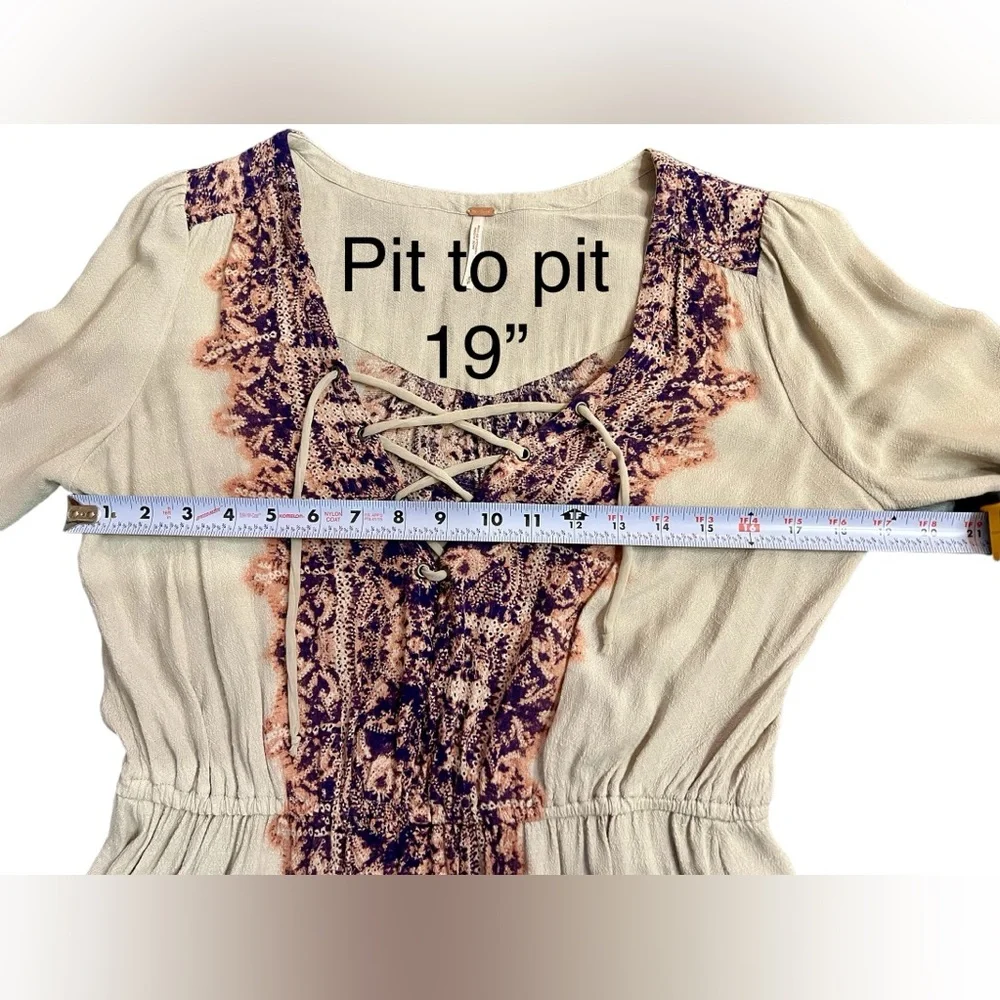 FREE PEOPLE boho style Tunic lace up blouse cream orange and purple | Size Small